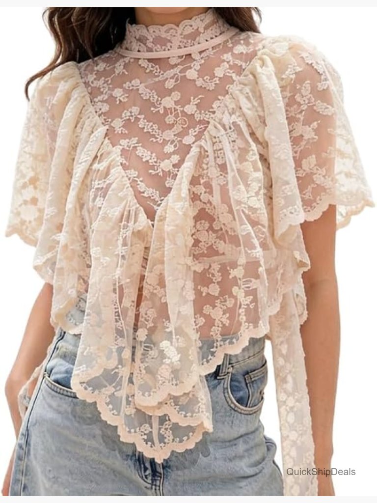 Sheer Lace High Neck Blouse Floral Embroidered Ruffle Sleeve Irregular Hem See